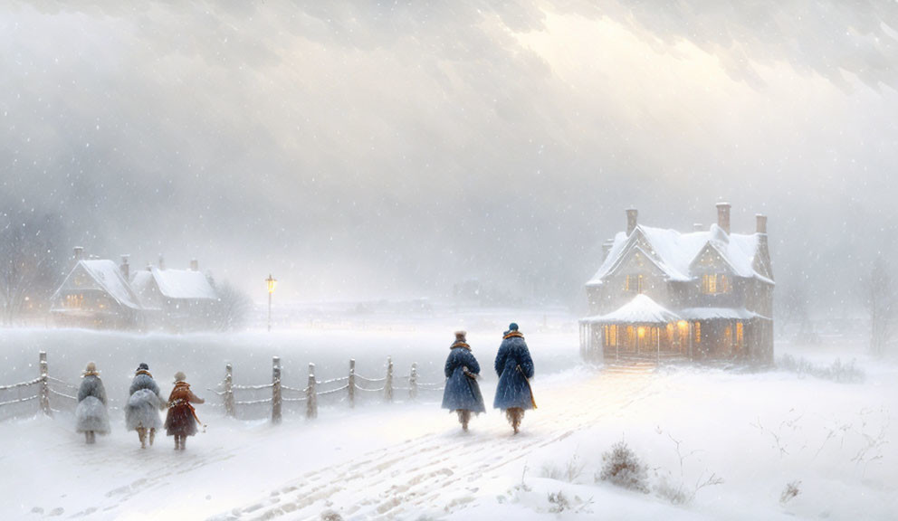 Family walking towards warmly lit house on snowy path.