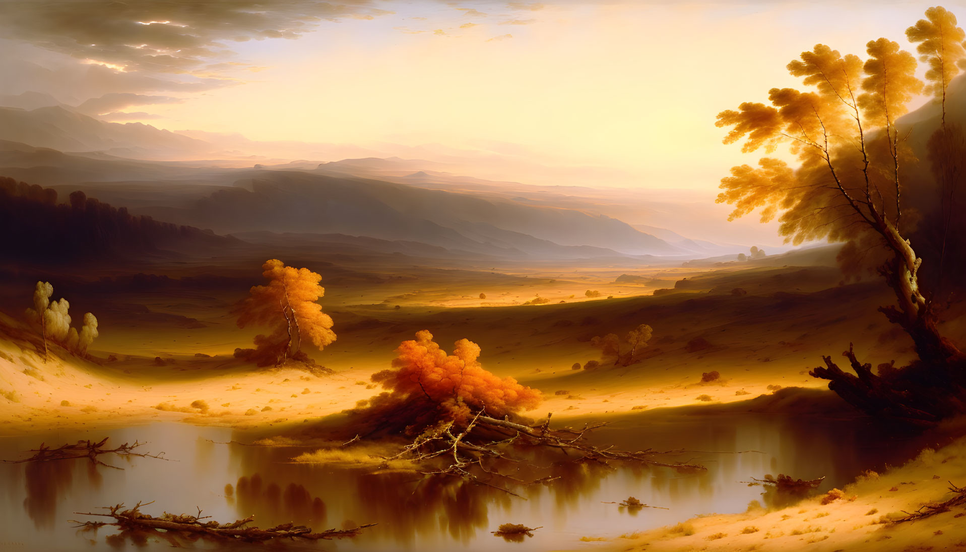 Tranquil landscape with golden sunlight, serene river, rolling hills, autumn trees.