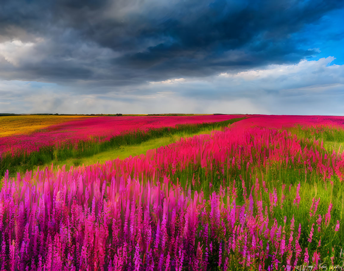 Pink Flowers Field under Dramatic Sky with Dark Blue Clouds