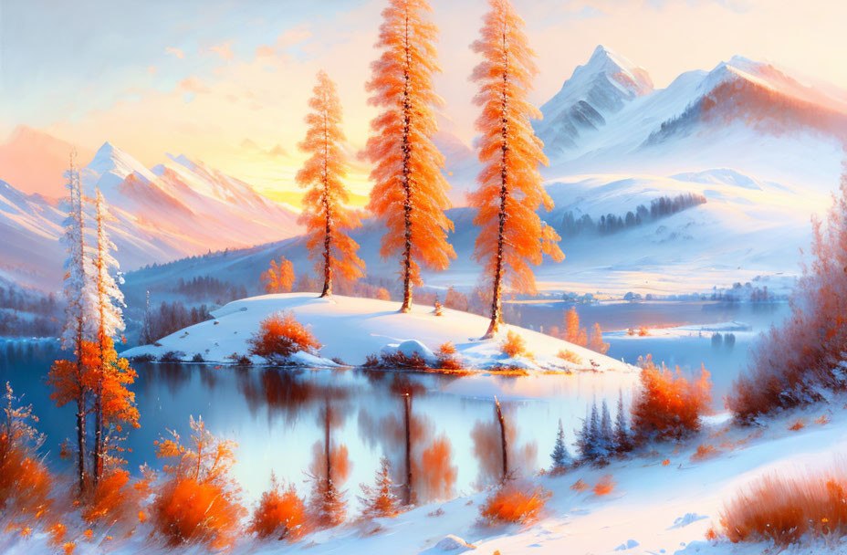 Tranquil Lake Scene: Golden Trees, Snowy Mountains at Sunrise or Sunset