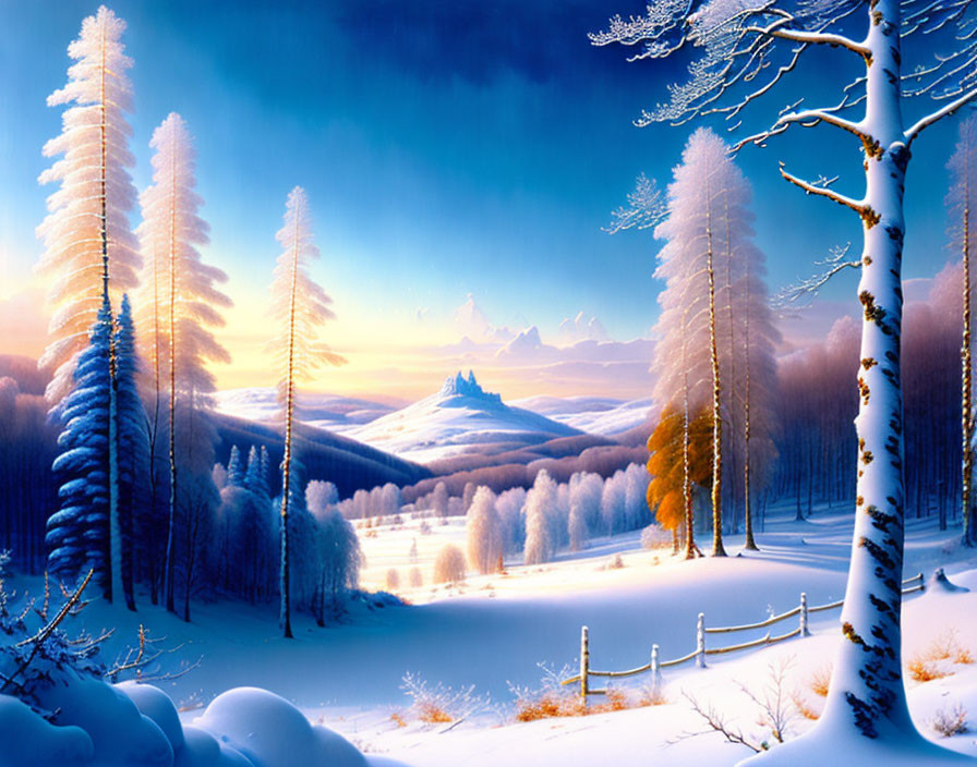 Snow-covered trees, wooden fence, mountains in serene winter landscape