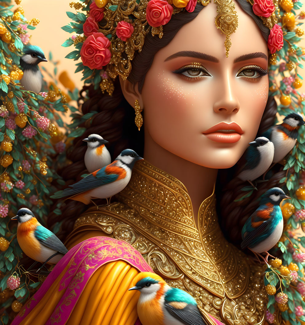 Woman adorned in gold jewelry with colorful birds in lush backdrop