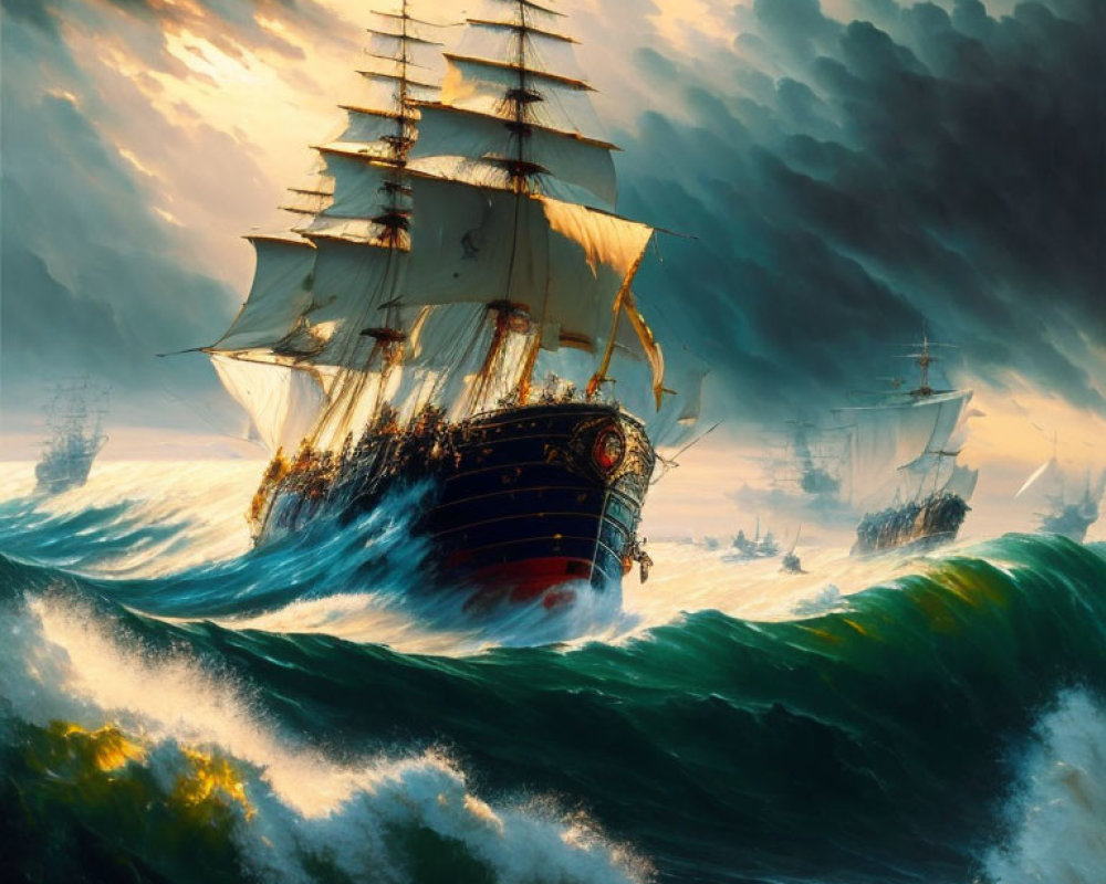 Tall ships with billowing sails on stormy seas