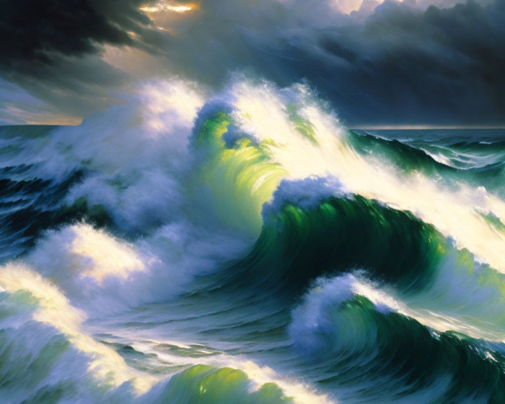 Vivid painting of tumultuous sea with large curling wave and dramatic cloudy sky.