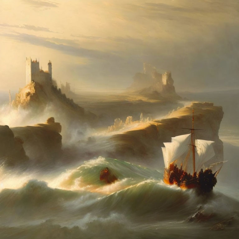Sailing ship near misty castles on rocky coast at sunset