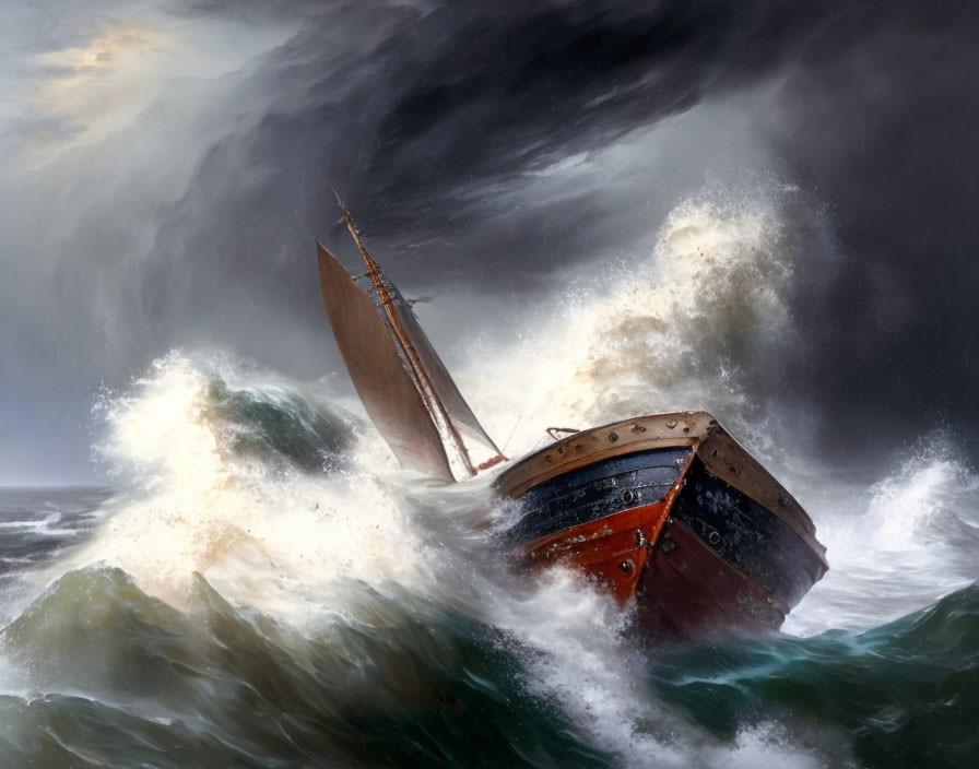 Sailing ship battles treacherous waves under dark sky