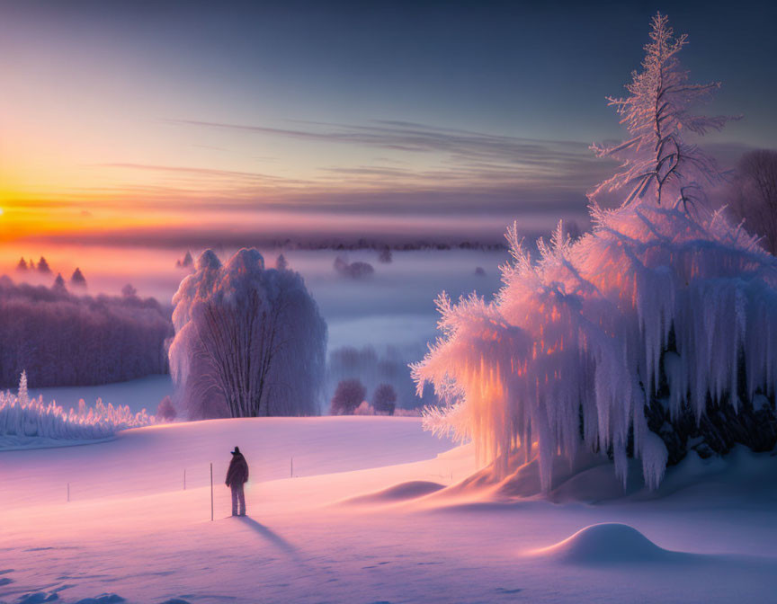 Solitary figure admires tranquil winter sunrise in snow-covered landscape