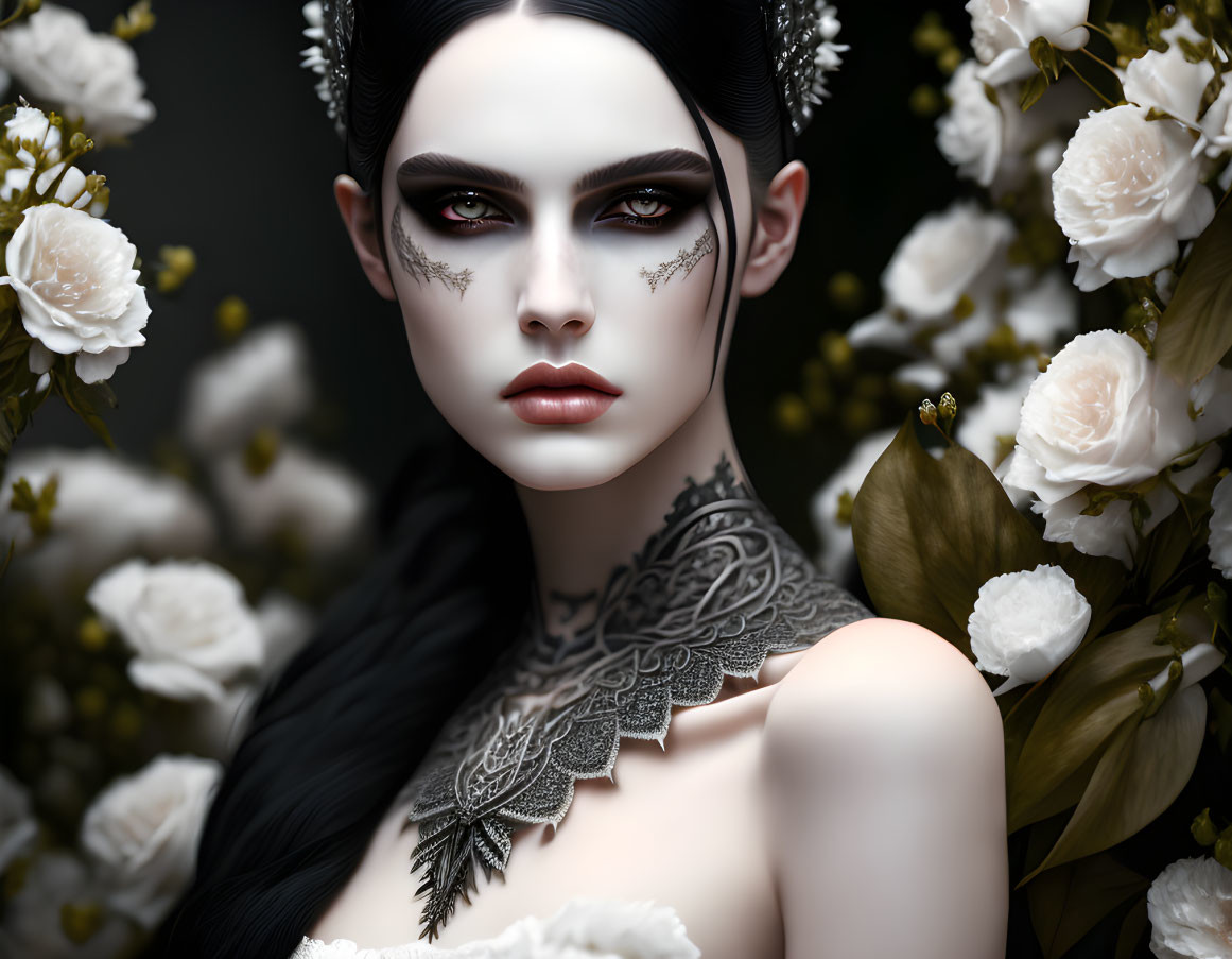 Portrait of a person with dark makeup, facial tattoos, white blossoms, gothic vibe