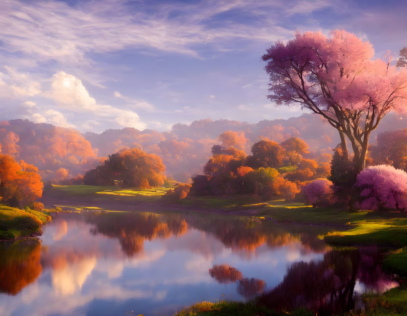 Tranquil dawn landscape with pink trees, calm lake, and lush orange foliage