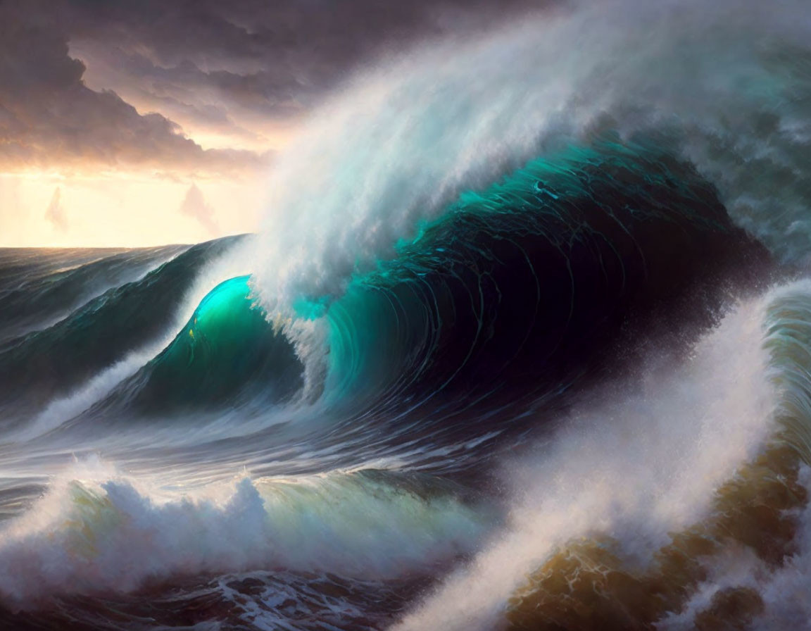 Majestic emerald-green wave against golden sunset and stormy clouds