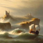 Sailing ship near misty castles on rocky coast at sunset