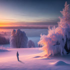Solitary figure admires tranquil winter sunrise in snow-covered landscape