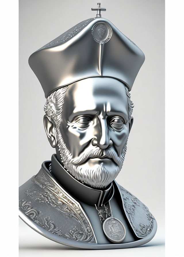 Metallic 3D illustration of man in bishop attire with beard
