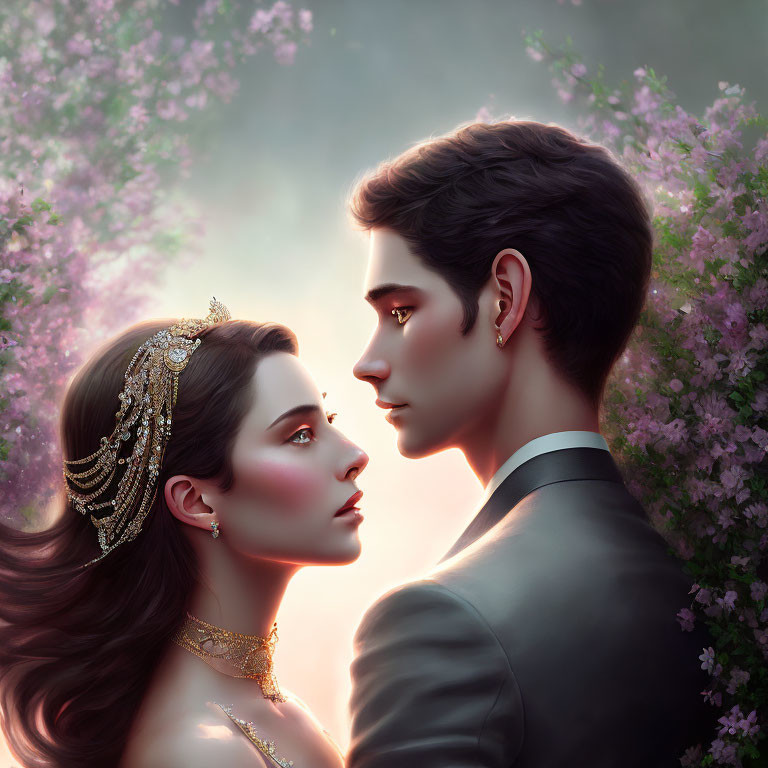 Digital illustration of couple in profile view with woman wearing tiara, set against soft pink blossoms.