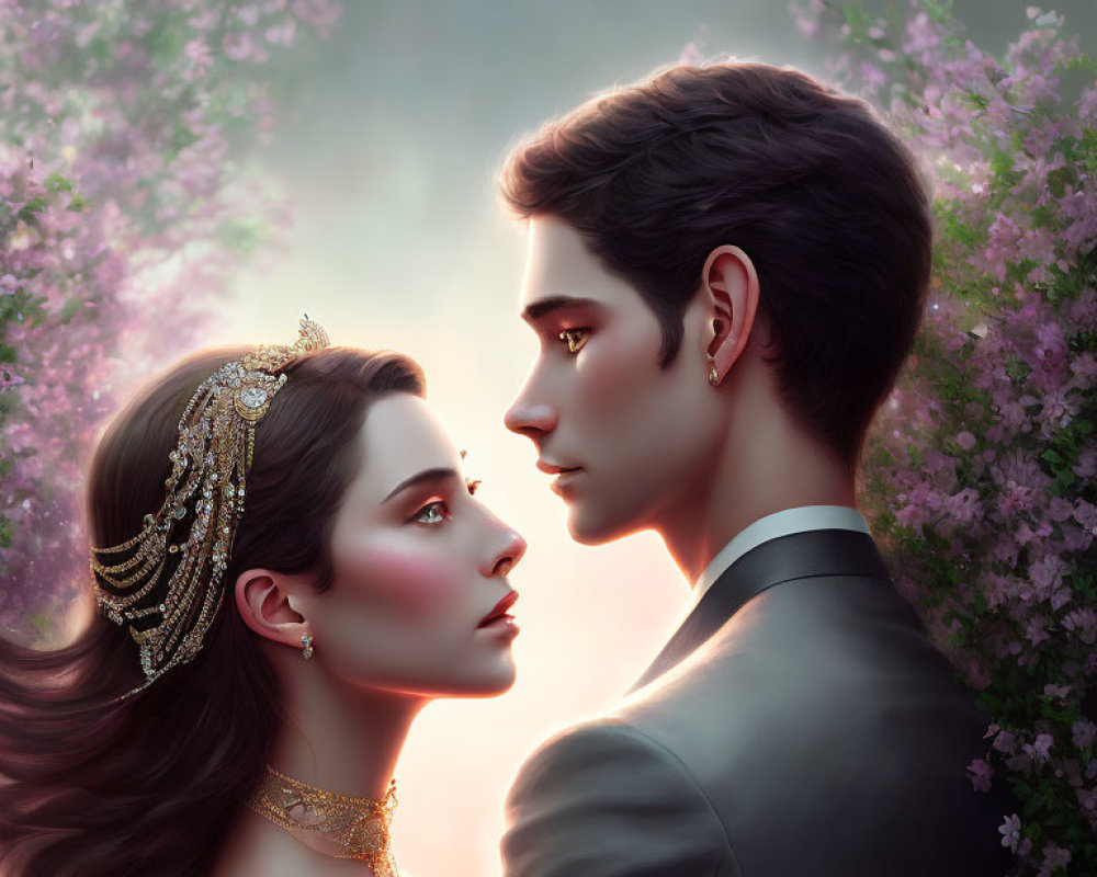 Digital illustration of couple in profile view with woman wearing tiara, set against soft pink blossoms.