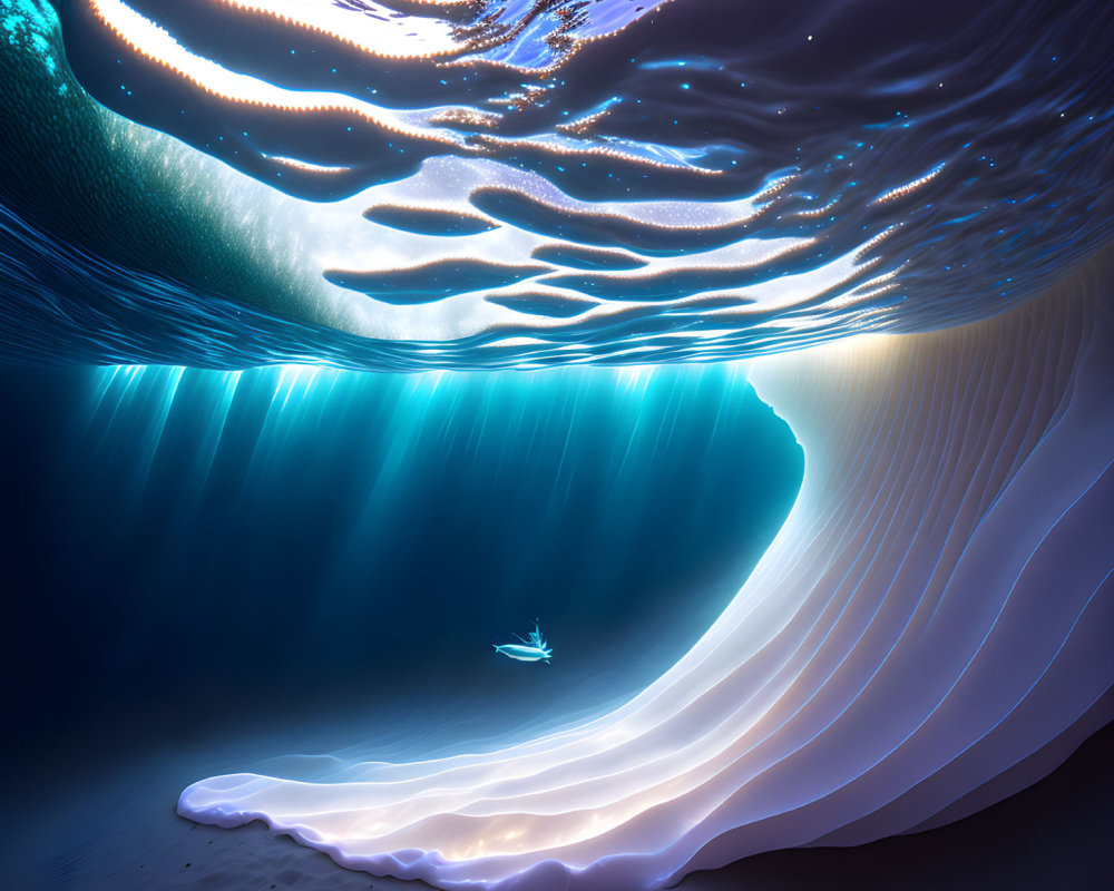 Surreal underwater scene with swirling light patterns and lone fish
