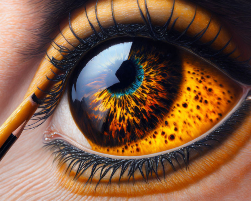 Detailed image of human eye with orange and black iris, reflecting light, pencil applying eyeliner.