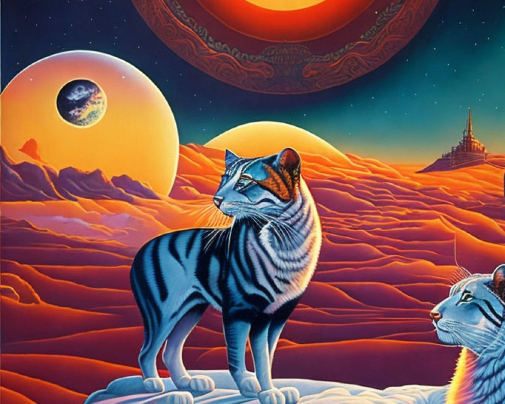 Striped cats on cloud landscape with planets, ship, and castle