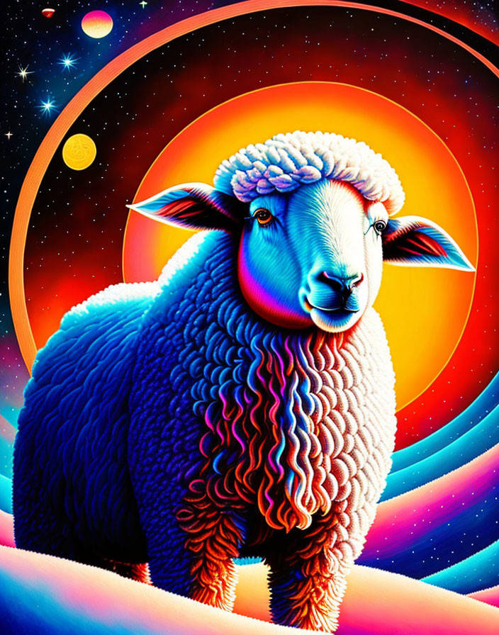 Colorful Sheep Illustration with Cosmic Background