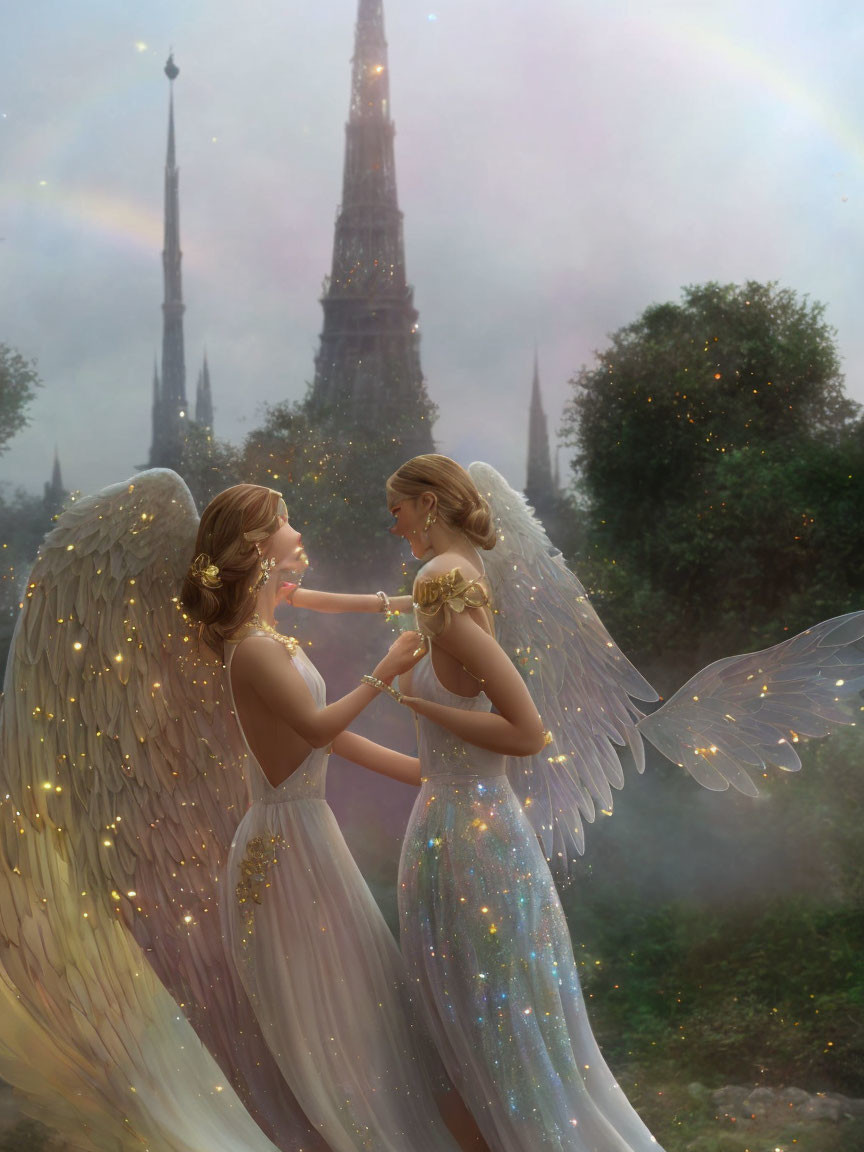 Luminous winged figures in misty landscape with rainbow & cathedral-like structure