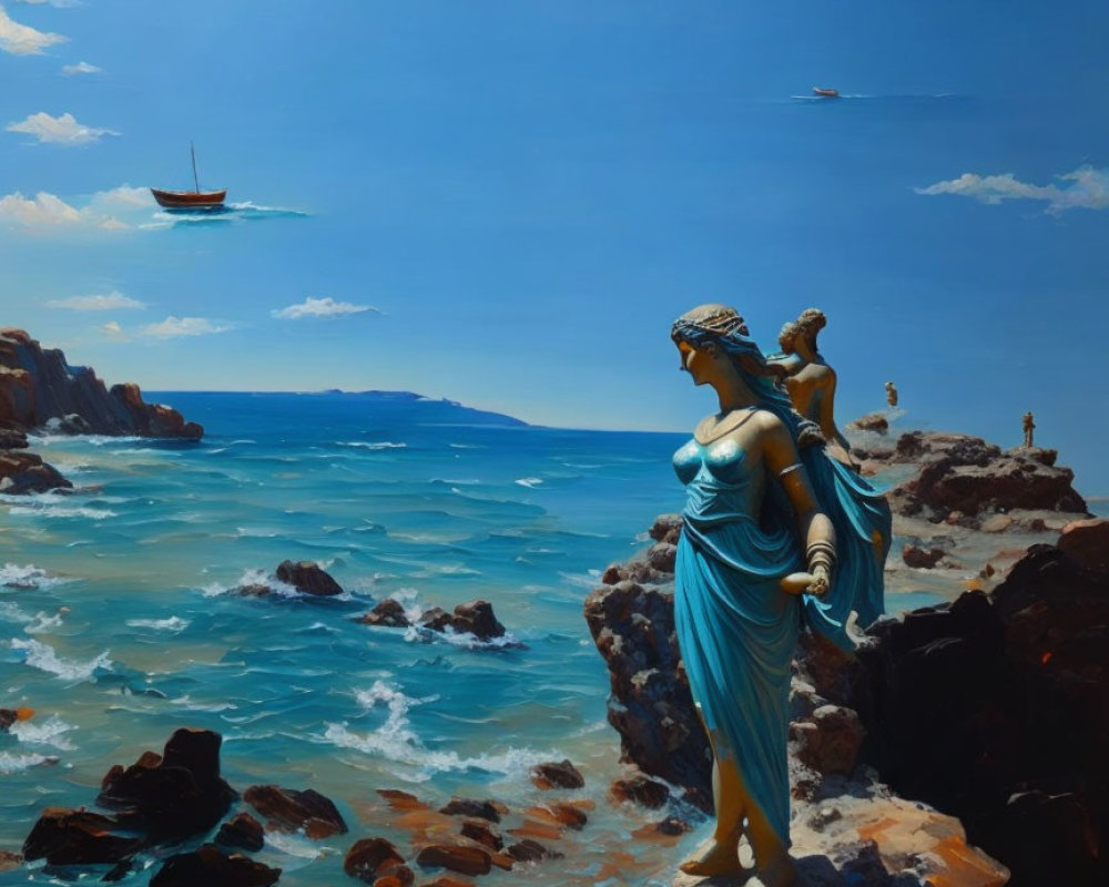 Classical draped woman statue on rocky shores with flying boats and calm seas