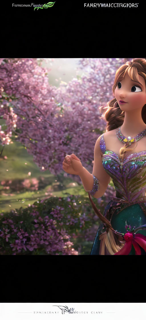 Brown-haired princess in blue and violet gown amidst pink blossoming trees