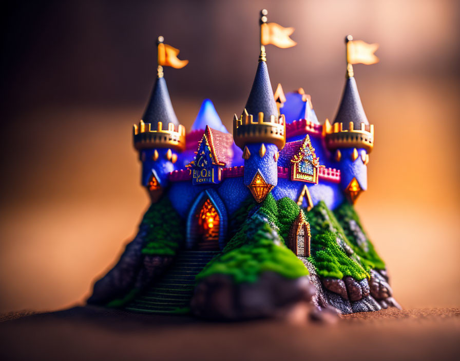 Vividly Colored Miniature Castle on Green Rocky Terrain