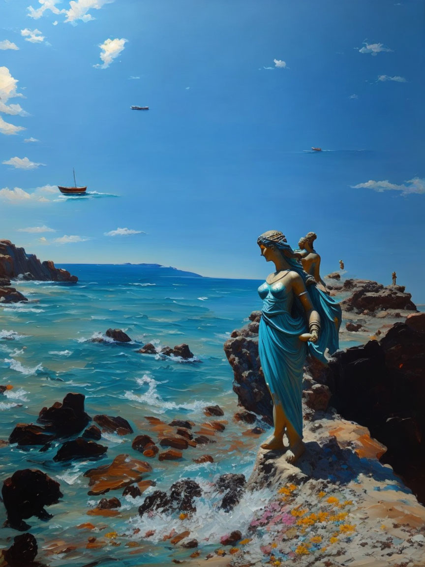 Classical draped woman statue on rocky shores with flying boats and calm seas