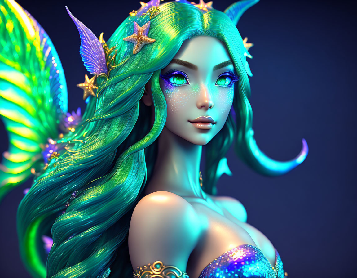 Fantasy creature with teal hair, elfin ears, blue skin, stars, moons, and butterfly