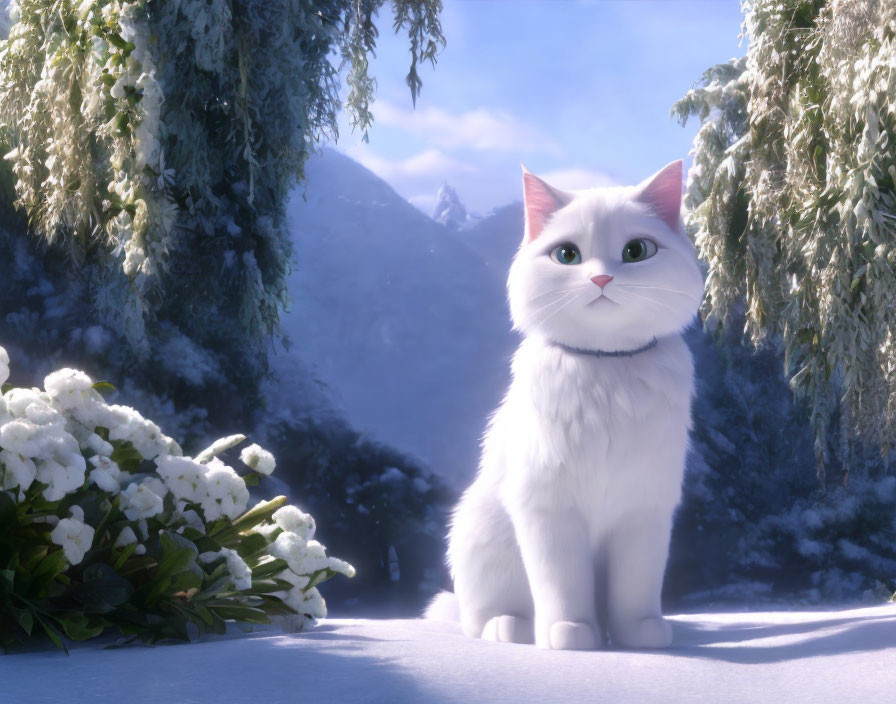 Fluffy White Animated Cat in Snowy Landscape