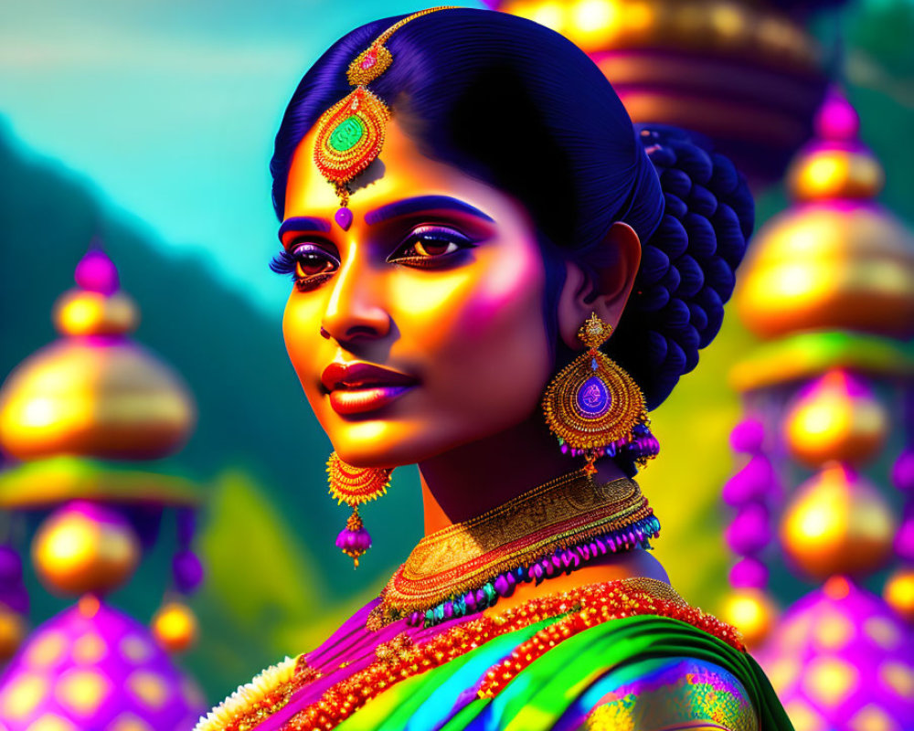 Colorful illustration of woman in traditional Indian attire with intricate jewelry against ornate temple backdrop