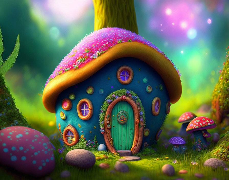Colorful Mushroom House in Enchanting Forest Glade