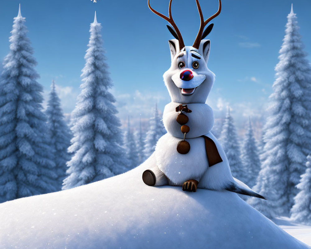 Smiling animated reindeer in snowy pine tree landscape