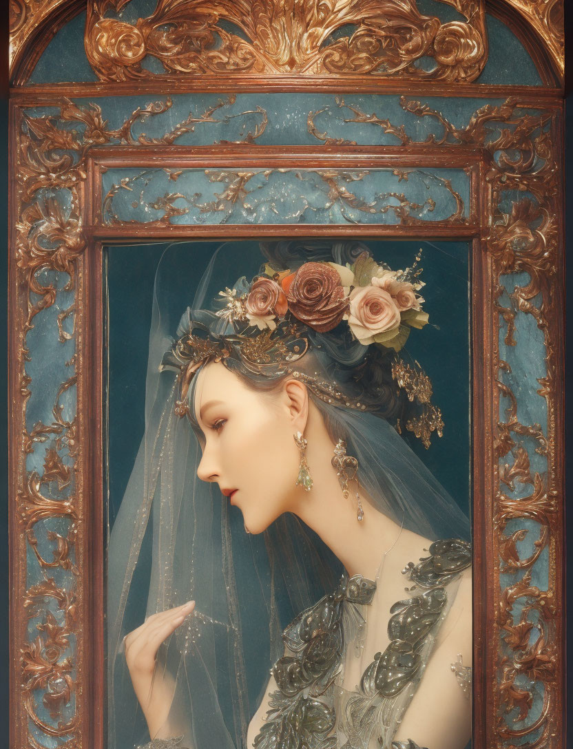 Ethereal vintage portrait of woman with floral headpiece in golden frame