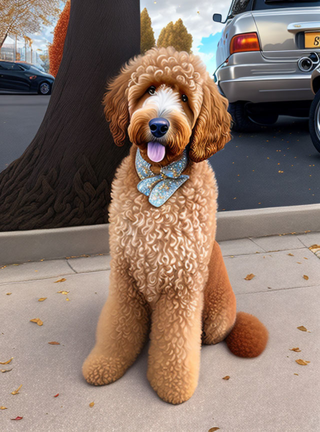 Fluffy Brown Labradoodle Dog with Blue Bow Tie on Sidewalk