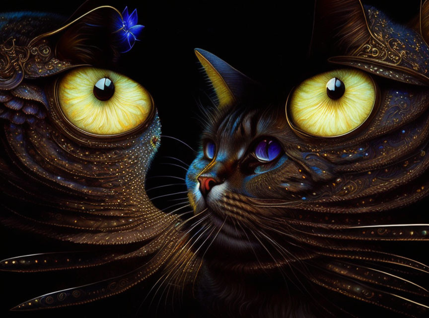 Fantastical digital artwork with large-eyed cats and a blue butterfly