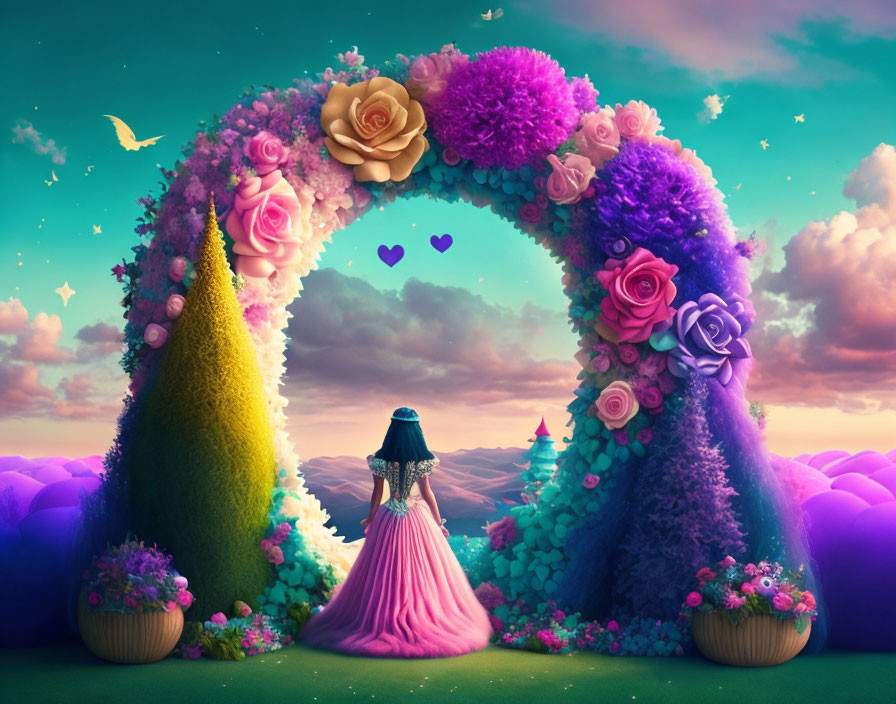 Colorful digital artwork of woman in pink dress under floral archway