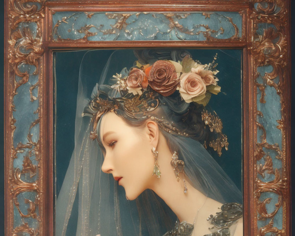 Ethereal vintage portrait of woman with floral headpiece in golden frame