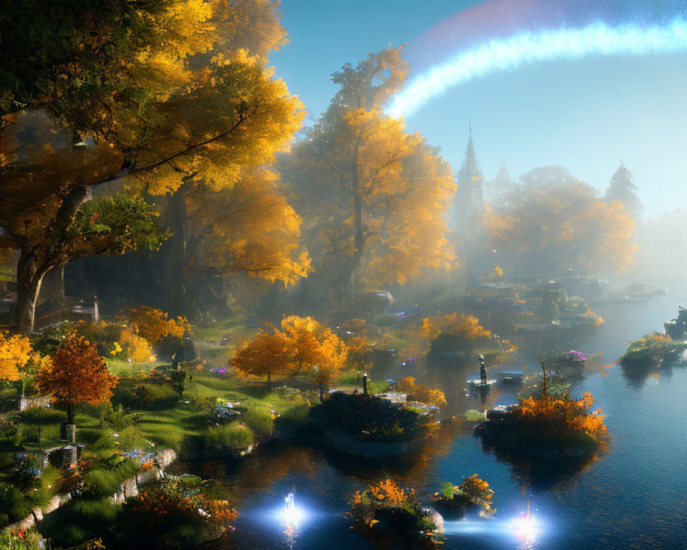 Autumnal landscape with rainbow, river, lanterns, trees, and castle spires