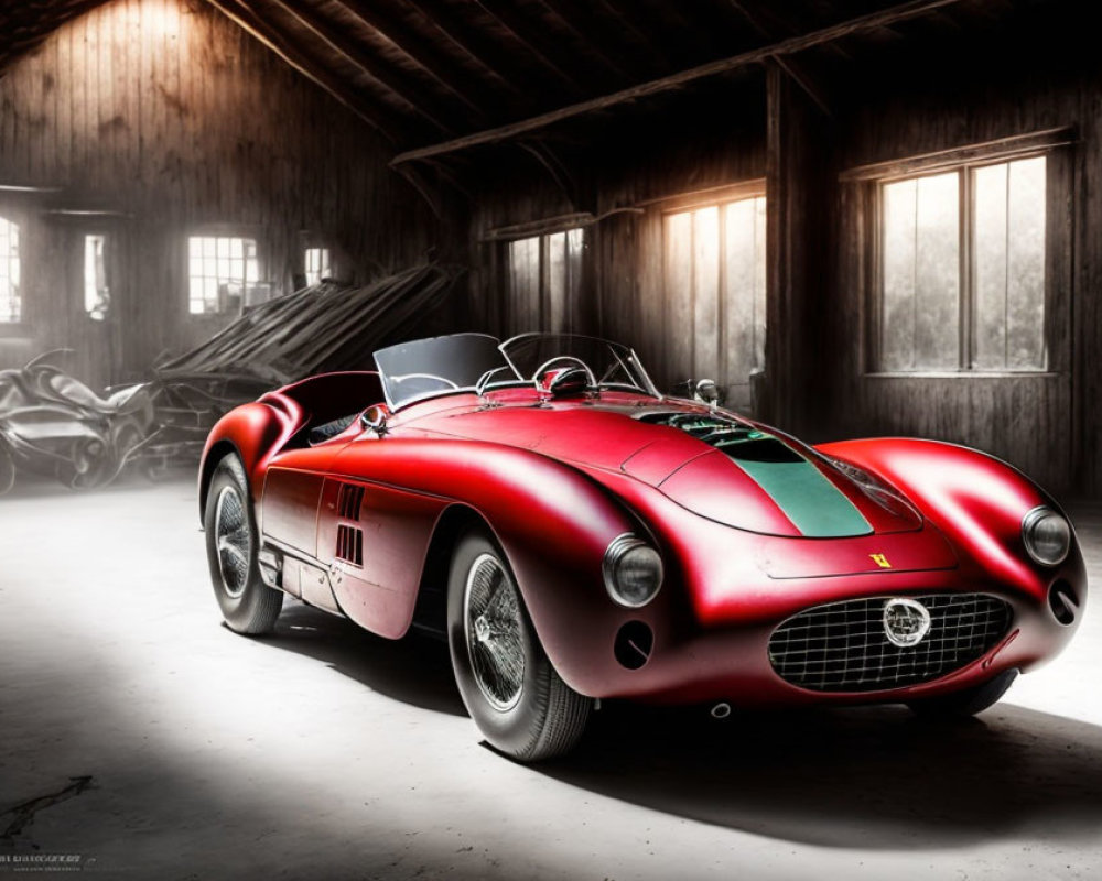 Vintage Red Sports Car Parked in Rustic Wooden Barn with Sunlight Streaming Through Windows