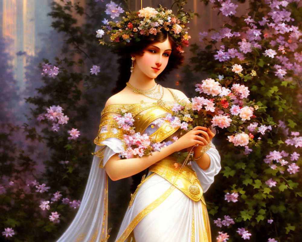 Woman in floral wreath and golden gown surrounded by pink flowers