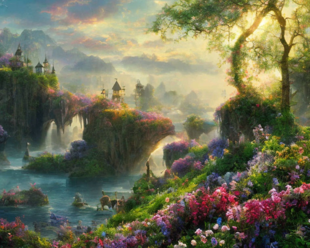 Fantasy landscape: sunset, waterfalls, river, flora, castles, horse