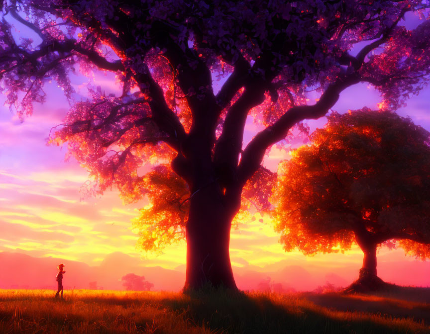Vibrant sunset scene with person under blooming tree