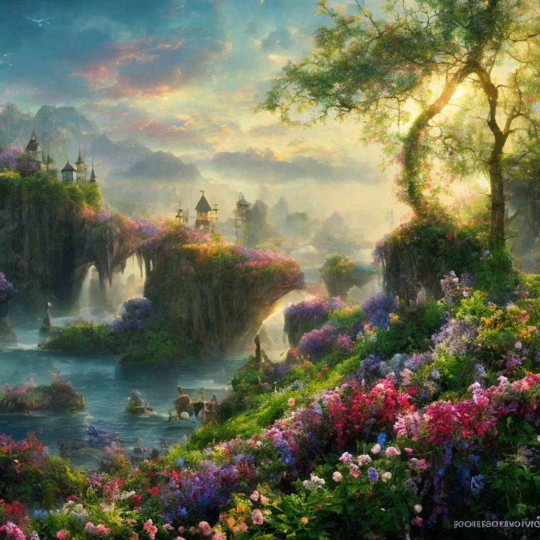 Fantasy landscape: sunset, waterfalls, river, flora, castles, horse