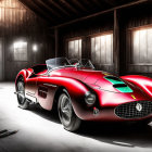 Vintage Red Sports Car Parked in Rustic Wooden Barn with Sunlight Streaming Through Windows
