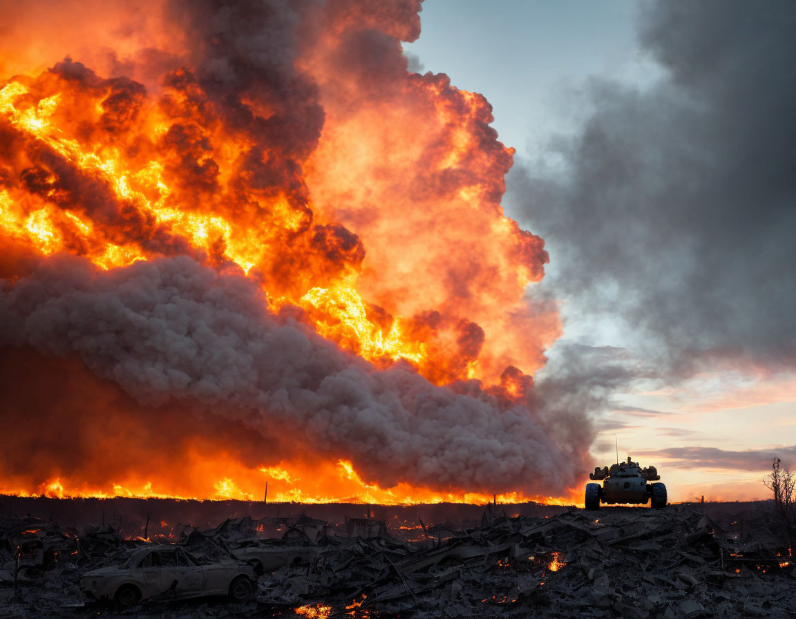 Massive fire with orange flames and tank silhouette in dusk sky