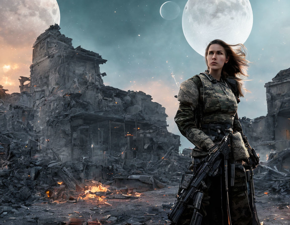 Woman in military attire in war-torn landscape with ruins and two moons.