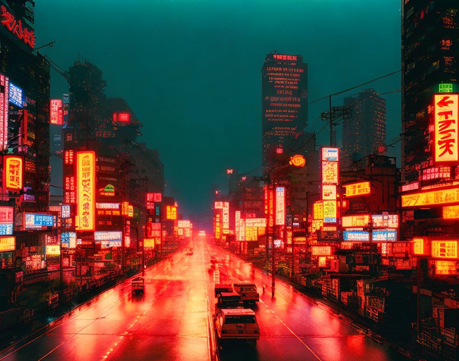 Urban night scene with illuminated neon signs on wet street.
