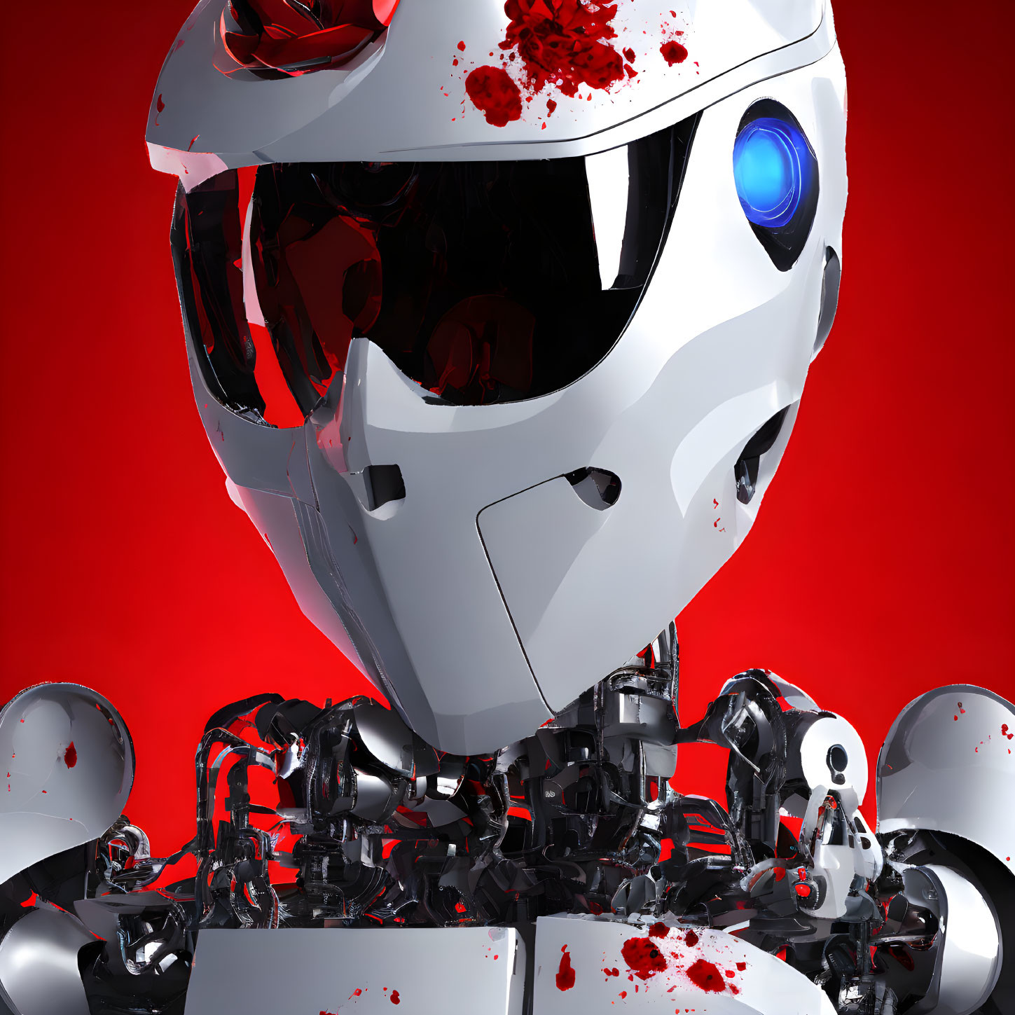 Detailed 3D Rendering of Futuristic Robot with White Helmet and Blue Glowing Eye on Vivid