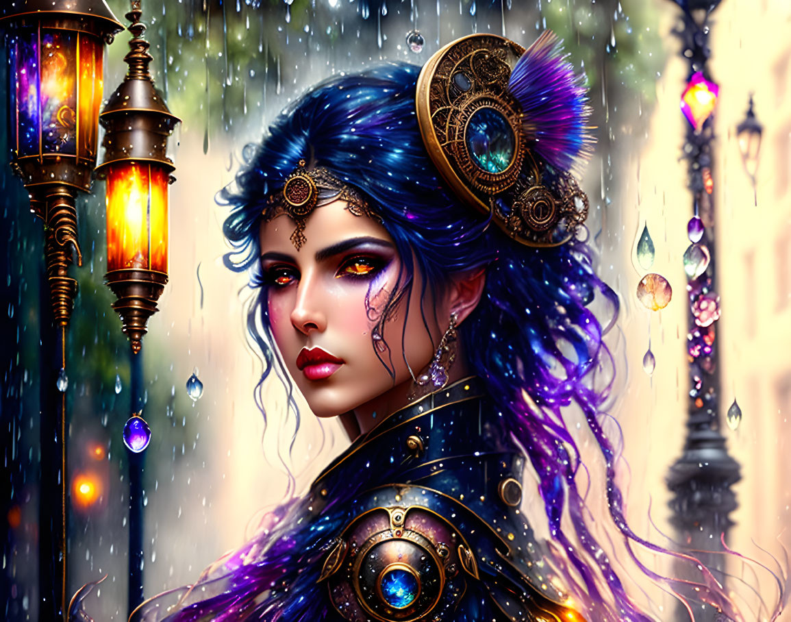 Fantasy illustration of woman with blue hair in rain with lanterns